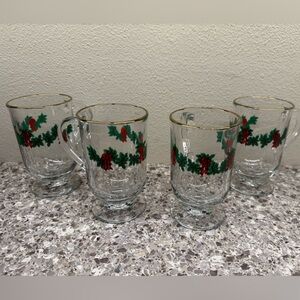 Libbey Vintage Glass Irish Coffee Eggnog Mugs‎ set of 4 ribbon berry wreath